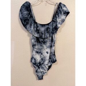 American Eagle Soft & Sexy Tie Dye Ruffle Bodysuit Blue White Womens Medium